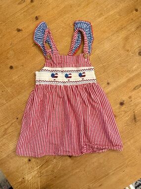Red Gingham Sundress with Blue Smocked Hearts
